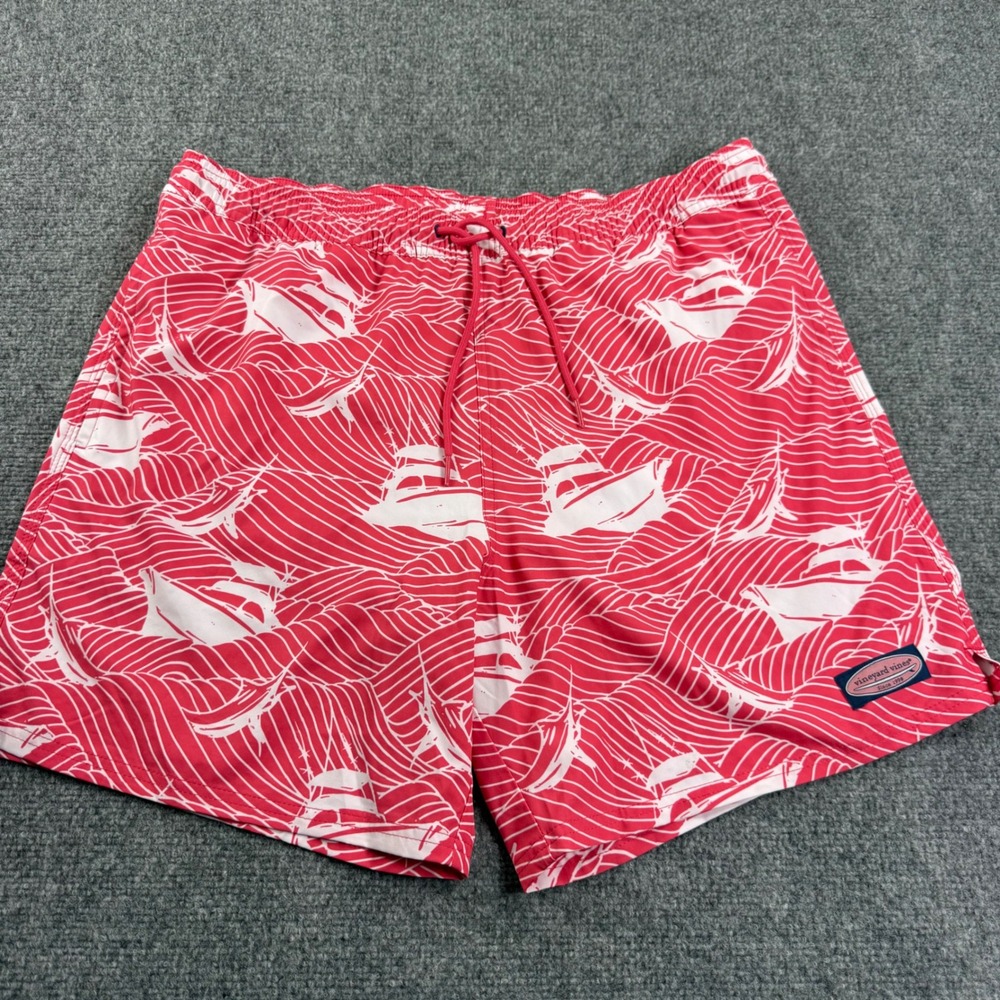 Vineyard Vines Swim Trunks Large Red Rough Waters Chappy Sailors NWT Mens